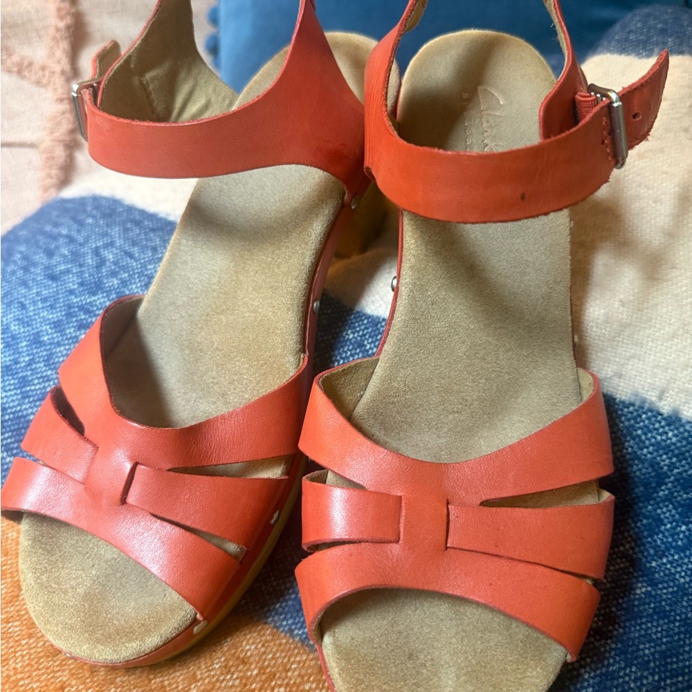 Clarks Orange Leather Strappy Ankle Strap Sandals